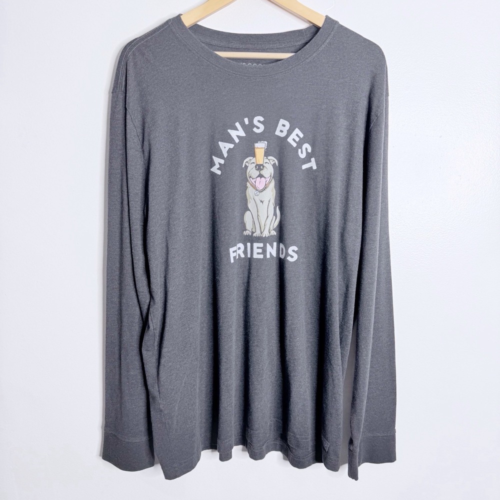 Life Is Good Men's Crusher‎ Tee Man's Best Friend Gray Long Sleeves XL Dog Beer